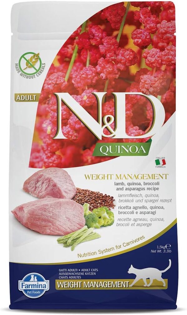 Farmina N&D, Quinoa Weight Management Lamb Quinoa Broccoli and Asparagus Recipe Adult Dry Cat Food, 3.3lb