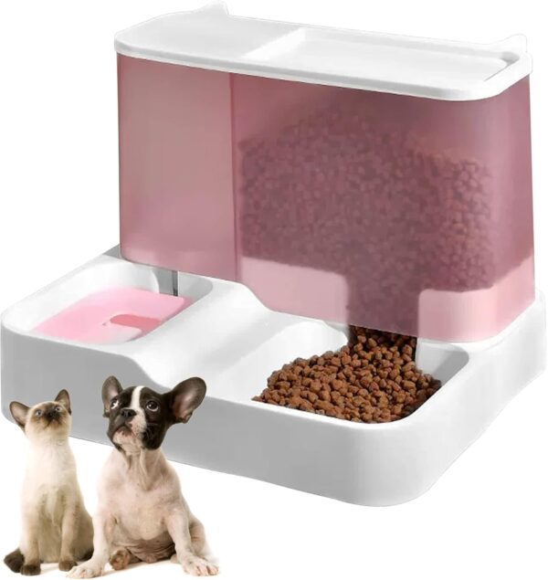 kathson All-in-One Automatic Cat Feeder and Water Dispenser Set Gravity Cat Food and Water Bowl Set Automatic Pet Feeder and Water Dispenser for Small Dogs Puppy Cats Pets(Pink)