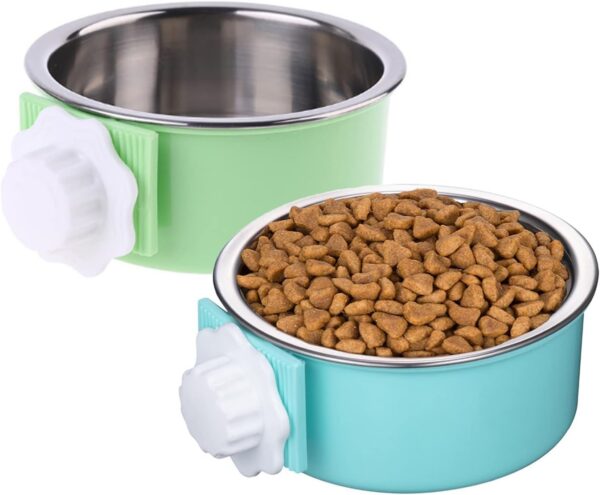 2 Pieces Crate Dog Bowl, Removable Stainless Steel Pet Kennel Hanging Food Water Feeder Bowl Cage Coop Cup for Puppy Medium Dog Cat Rabbit Ferret Bird (Blue,Green)