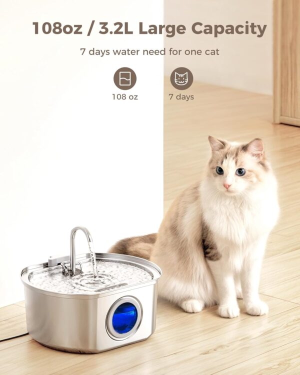 Cat Water Fountain Stainless Steel: 108oz/3.2L Cat Fountain for Drinking- Pet Water Fountain for Cats Inside - Automatic Cat Water Dispenser Bowl - Cat Feeding & Watering Supplies - Water Level Window - Image 2