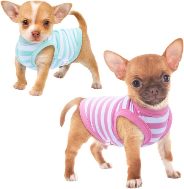 Frienperro Dog Shirt, 2-Pack Dog Clothes for Small Dogs Girl, Breathable Cotton Striped Chihuahua Clothes Boy, Sleeveless Small Pet Puppy Clothes Outfit Cat Tank Top Vest,Green & Pink XS