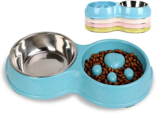 Tineer Double Pet Dog Slow Feeder Bowl,Stainless Steel Anti-Choke Puppy Food and Water Feeder for Dogs Cats (Blue)