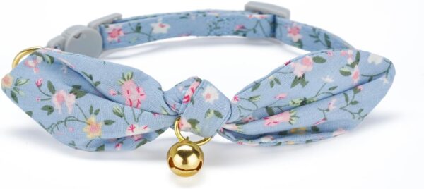 Cotton Bowtie Cat Collar with Bell 2 Pack Stylish Floral Breakaway Kitten Collars with Removeable Knot Bow,Blue & Pink - Image 2