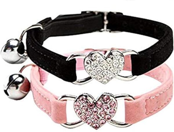 CHUKCHI Pink Soft Velvet Safe Cat Adjustable Collar with Crystal Heart Charm and Bells 8-11 Inches(Black+Pink)