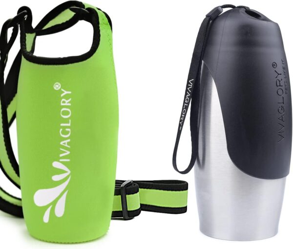 VIVAGLORY 25oz Stainless Steel Water Bottle & Neoprene Bottle Carrier Combo, Dog Drinking Bottles and Water Bottle Holder, Great for Hiking & Traveling with Pets