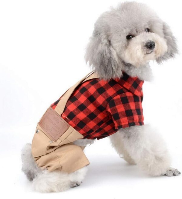 SMALLLEE_LUCKY_STORE Pet Clothes for Small Dog Cat Red Plaid Shirts Sweater with Khaki Overalls Pants Jumpsuit Outfits S - Image 3