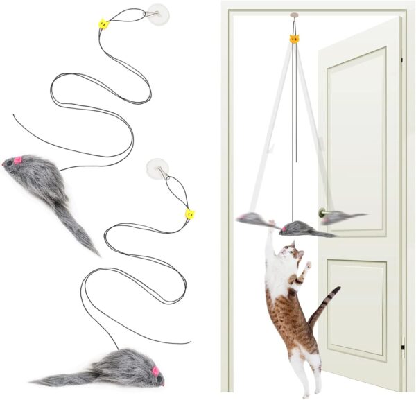 2PCS Door Hanging Cat Toy, Interactive Cat Toys for Bored Indoor Adult Cats, Home Alone Cat Toys Self Play, Cat Door Toy with Adhesive Hooks, Cat Exercise Stimulation Kitten Toys with Mouse