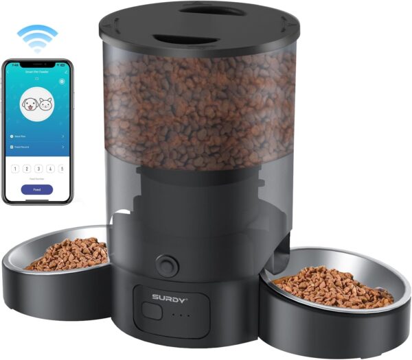 Automatic Cat Feeder for 2 Cats, SURDY 2.4G WiFi Smart Pet Feeder with APP Control for Remote Feeding, 3L Timed Pet Feeder Programmable 1-10 Meals, Dual Power Supply, Desiccant Bag, 10s Meal Call