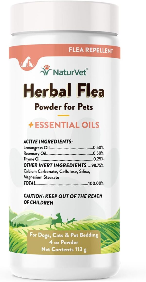 NaturVet – Herbal Flea Plus Essential Oils – Essential Oils Help to Keep Fleas Away– Deodorizes with a Fresh Herbal Fragrance – for Dogs & Cats – 4 oz Powder