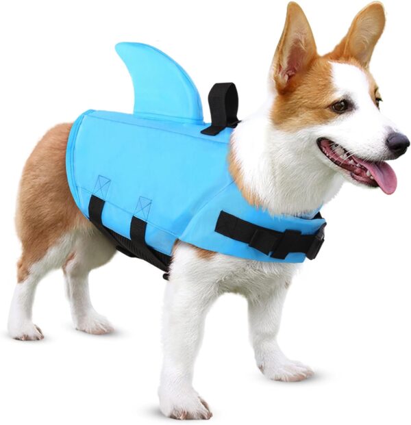 SUNFURA Dog Shark Life Jacket, Adjustable Dog Life Vests for Swimming, Ripstop Dog Lifesaver Puppy Life Jackets with High Flotation, Pet Life Preserver Swimsuits for Small Medium Dogs, Blue S