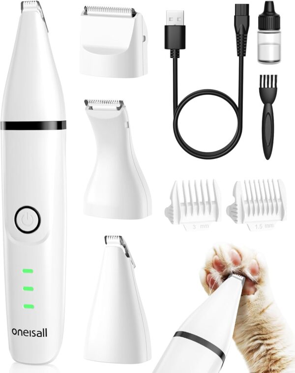 oneisall Quiet Cat Paw Trimmer, Cordless Cat Shaver, 3 in 1 Cat Hair Trimmer, Rechargeable Cat Clippers Pet Clippers for Cats, Cat Trimmer for Paws, Butt, Knotted, Dingleberry