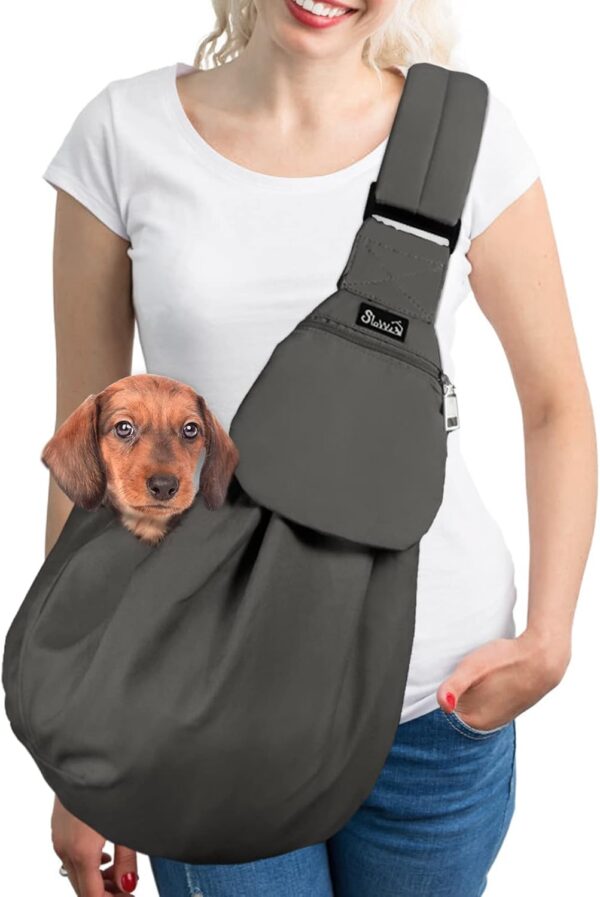 SlowTon Dog Carrier Sling - Thick Padded Adjustable Shoulder Strap Dog Carriers for Small Dogs, Puppy Carrier Purse for Pet Cat with Front Zipper Pocket Safety Belt Machine Washable (Grey L)