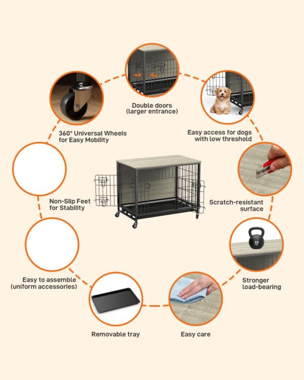 Dog Crate Furniture, 2024 Deluxe Wooden Dog Kennel with Removable Tray and Wheels, Heavy-Duty Double-Doors 32.5" Dog Cage End Table, Indoor Dog House for Large Dogs (Grey & Black, Medium) - Image 4