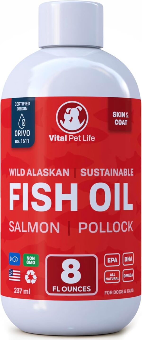 Fish Oil for Dogs - Healthy Skin & Coat, Salmon, Pollock, All Natural Supplement for Pets, Itching Scratching Allergy & Inflammation Defense, Omega 3 EPA DHA, Brain & Heart Health, 8 oz