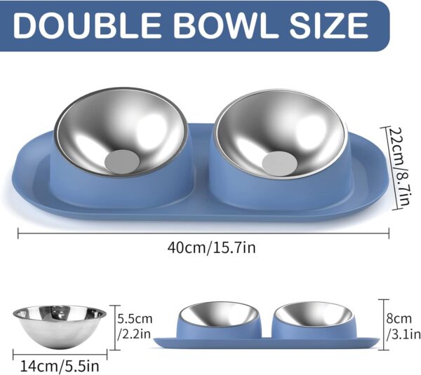 Ptlom Dog Cat Basic Food and Water Bowl Set, 2 Removable Stainless Steel Feeding Bowls with Non-Slip Leak-Proof Plastic Stand Suitable for Small and Medium Pet Puppy Feeder Tableware Supplies, Blue - Image 2