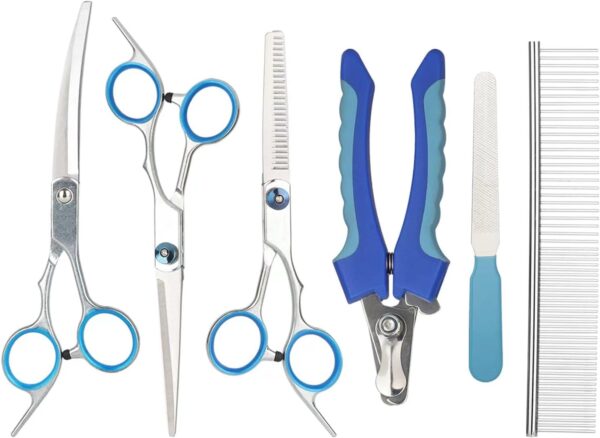 6-piece set of pet grooming scissors and nail clippers - professional dog and cat nail clipper set, equipped with grooming scissors and nail clippers - suitable for pet dogs and cats