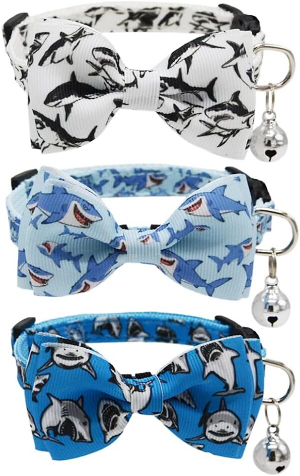 3 Pack Cat Collar Breakaway with Removable Cute Bow Tie and Bell Adjustable Safety Buckle Shark Print White Light Blue and Blue