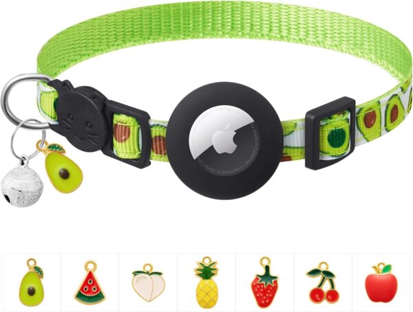 𝐋𝐀𝐅𝐀𝐘𝐈 𝐀𝐢𝐫𝐭𝐚𝐠 𝐂𝐚𝐭 𝐂𝐨𝐥𝐥𝐚𝐫 𝐁𝐫𝐞𝐚𝐤𝐚𝐰𝐚𝐲 with Bells and Fruit Pendants,Safety Kitten Collar with Apple Air Tag Holder for Girl Boy Cats,Pet Accessories,Gifts(Avocado) - Image 7