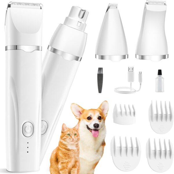 Dogs Hair Clippers Grooming Kit with Nail Grinder, 4 in 1 Cordless Electric Trimmer for Dogs Cat Low Noise USB Rechargeable, Pet Clippers Grooming Paws, Eyes, Ears, Face,Nail, Matted Hair