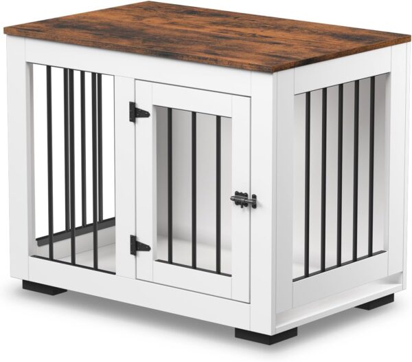 White Dog Crate Furniture for Medium Dogs Up to 40 lbs. - Decorative Puppy Kennel w/Wide Farmhouse Table Top & Steel Bars - 30'' Wide - Modern Dog Crate Table, End Table, Nightstand