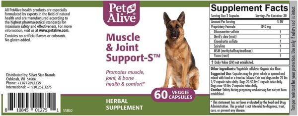 PetAlive Muscle & Joint Support-S for Bone and Joint Health and Comfort, 60 Caps - Image 5