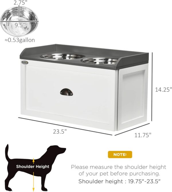 PawHut Dog Feeding Station with Storage Drawer, Dog Food Storage Cabinet with 2 Removable Elevated Dog Bowls for Large Sized Dogs, White - Image 5