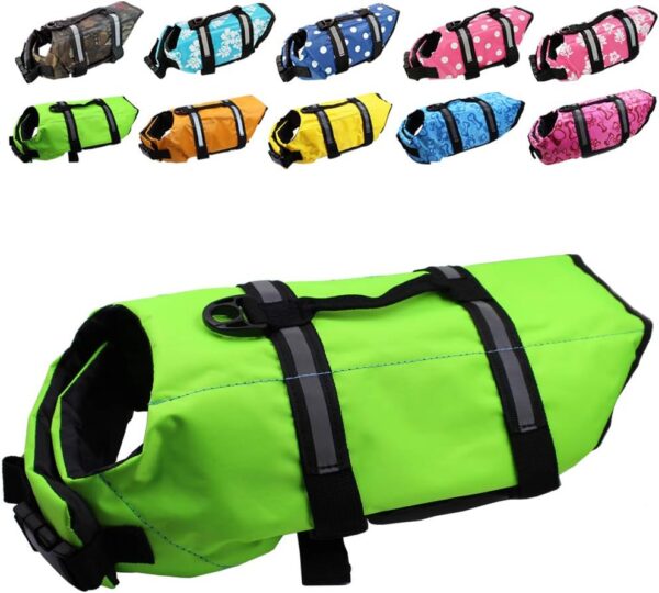 Dog Life Jacket Easy-Fit Adjustable Belt Pet Saver Swimming Safety Swimsuit Preserver with Reflective Stripes for Doggie (L, green)