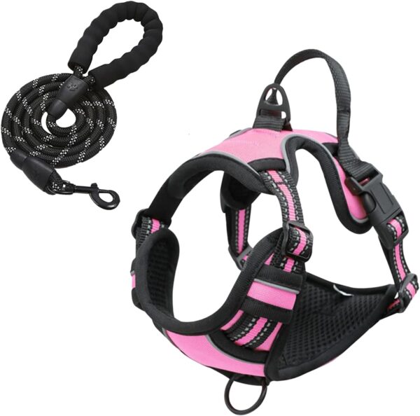 Dog Harness and Leash Set, No Pull Dog Harness with 2 Leash Clips and 3 Buckles, Adjustable Reflective Soft Padded Dog Vest with Easy Control Handle (Pink, Medium) - Image 2