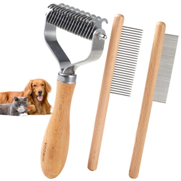 Cat Brush for Shedding Dematting, 3 Pack Dog Brushes for Grooming, Double Sided Undercoat rake for Dogs Cats, Deshedding Brush, Pet Combs, Premium Wood Handle