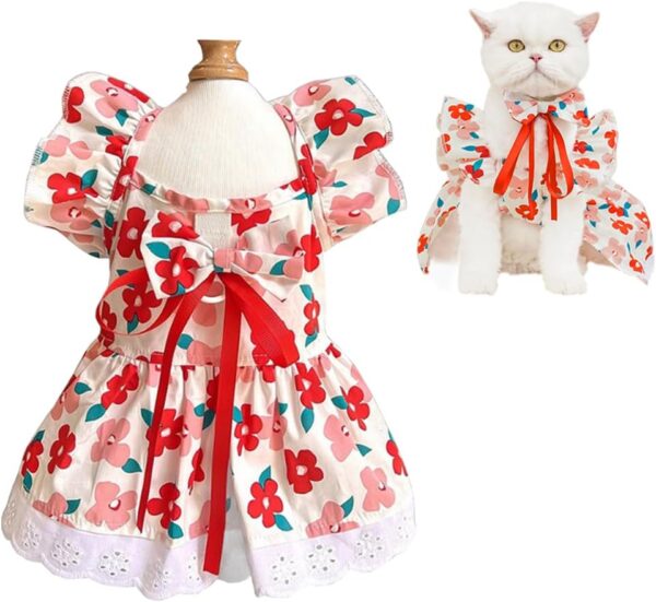 ANIAC Floral Dog Dress with D-Ring Dog Dresses for Small Dogs Girl Bow Cat Dress for Cat only Dog Outfit Summer Puppy Clothes for Chihuahua Yorkie dachshund Pomeranian (Small, Floral)