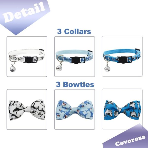 3 Pack Cat Collar Breakaway with Removable Cute Bow Tie and Bell Adjustable Safety Buckle Shark Print White Light Blue and Blue - Image 3