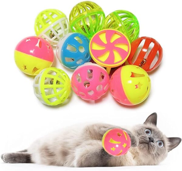 Cat Jingle Balls Toys 10Pcs 6 Styles for Indoor Cats - Plastic Lattice Cat Balls with Bells Kitten Rattle Toy, Gift Box and 1.5"