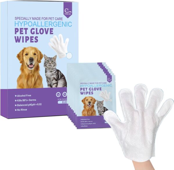 Pet Glove Wipes for Dogs & Cats 8 PCS,Bathing Wipes for Dogs and Cats,Hypoallergenic with Coconut Oil Nourishing Grooming Fur,Cat Dog Cleaning Gloves Wipes,Deodorizing Gloves for Pet Daily Care