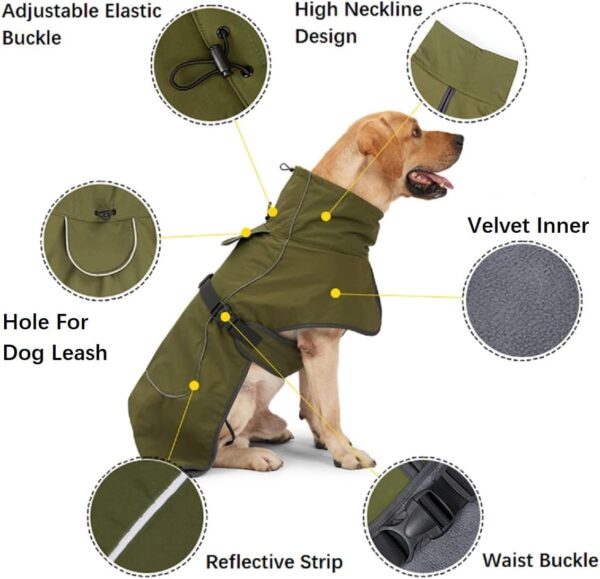 Dog Raincoat - Waterproof Dog Winter Jackets Windproof Coat with Velvet Inner Winter Dog Rain Coat with Reflective Strip,Green S - Image 4