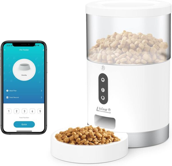 Living Enrichment Automatic Cat Feeder, Auto Dog Food Dispenser, WiFi Smart Pet Feeder 4L, Distribution Alarms and Voice Recorder, APP Control, Timed Cat Food Feeder for Cats Dogs Pets