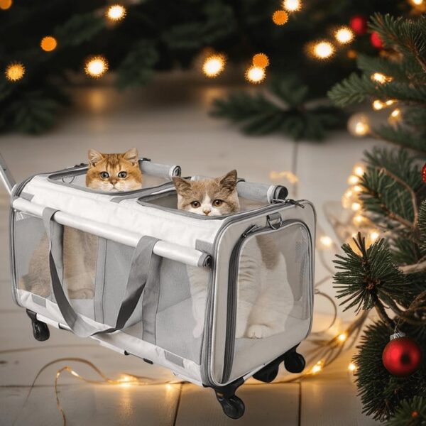 Double Compartment Pet Rolling Cat Carrier with Wheels - Large Capacity Soft-Sided Carriers for Cats and Puppies - Detachable Travel Carrier with Breathable Mesh Windows (Off-White) - Image 9