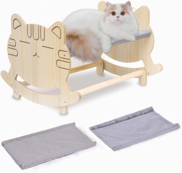 Cat Bed with Two Covers, Cat Hammock Bed with Two Usage Methods, Wooden Elevated Cat Bed, Removable Washable Small Dog Bed, Raised Cat Bed