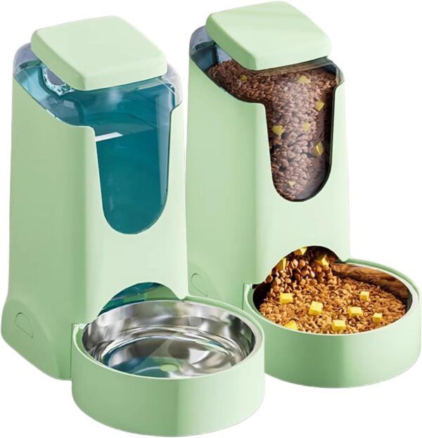 Pets Automatic Gravity Feeder Dogs 2.8L Food & 4L Water Dispenser Set with Stainless Steel Bowl for Small Medium Big Puppy Kitten(Light Green)