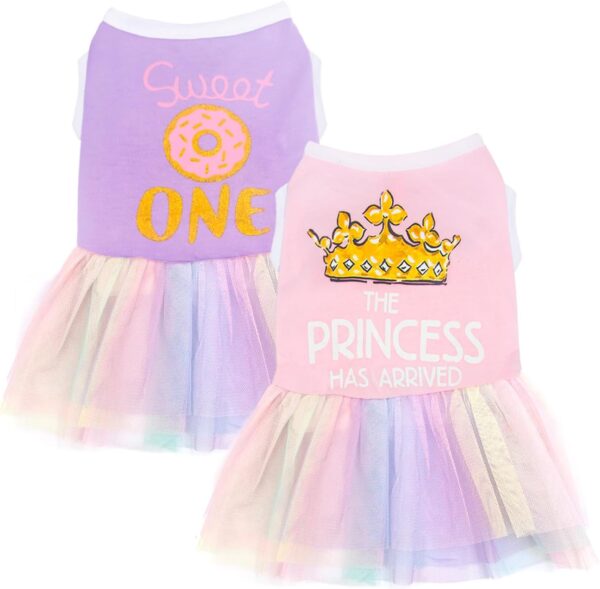 Dog Dress for Small Dogs Girl 2 Pieces Cute Dog Dresses with Princess Donuts Pattern Puppy Tutu Skirt Cat Outfit Girl Dog Clothes for Birthday Wedding Costume Purple Pink XXS