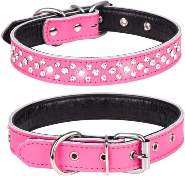 Rhinestone Dog Collar, Adjustable Cute Dazzling Sparkling Soft Leather Dog Collar Crystal Diamond Pet Dog Puppy Collar (L, Hot Pink)