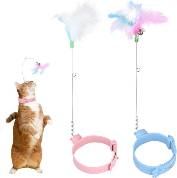 2pcs Cat Collar Toys, Silicone Feather Cat Teasing Wands with Neck Collar Adjustable Cat Wand Toys with Bell Cat Interactive Teaser Toys for Indoor Cat Playing Training