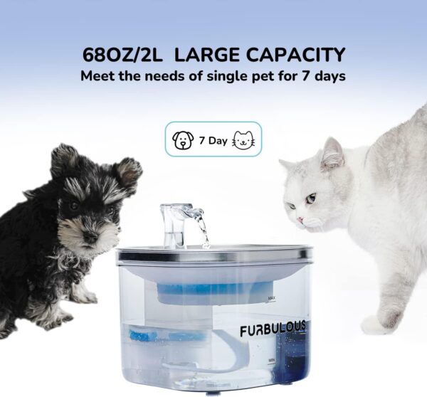 FURBULOUS Pet Fountain 68oz/2L Automatic Cat Water Fountain Water Dispenser for Multiple Pets 3-Speed Adjustable Silent Water Pump 304 Stainless Steel Drinking Tray Translucent Water Tank… - Image 4