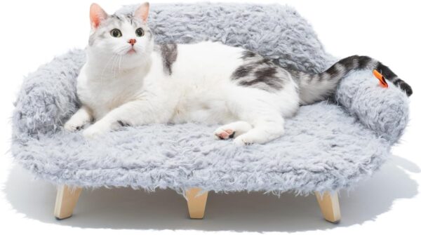 MEWOOFUN Removable Washable Cover Cat Bed - 26"x18.3"x8.5" Elevated Wooden Pet Sofa for Cats & Small to Medium Dogs, Modern Pet Furniture (Grey)