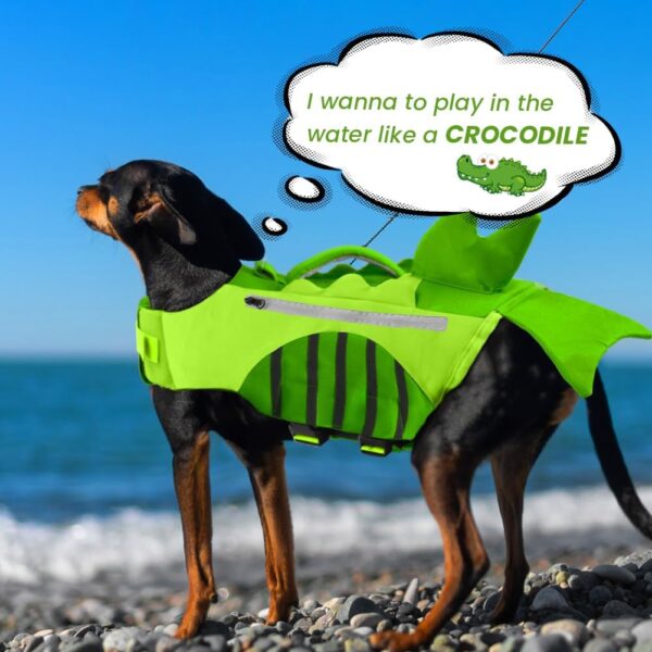 EMUST Dog Floating Vest, Dog Shark Life Jacket, Pockets Design Small Dog Vests with Pockets, Dog Lifesaver for Swimming Boating Water, Green, S - Image 2