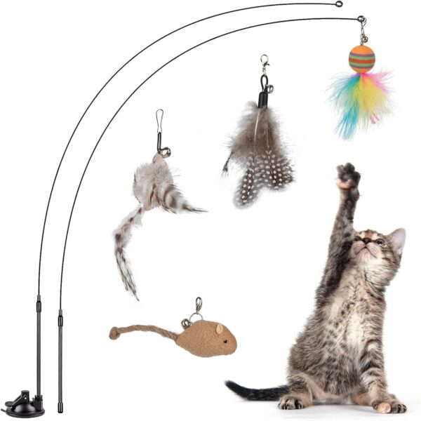 Cat Toys Interactive Wand Feather Cat Toy Equipped with Double Head Super Sucker&6 in 1 Hands-Free Natural Bird Badminton Pets Indoor Dance Play Toy