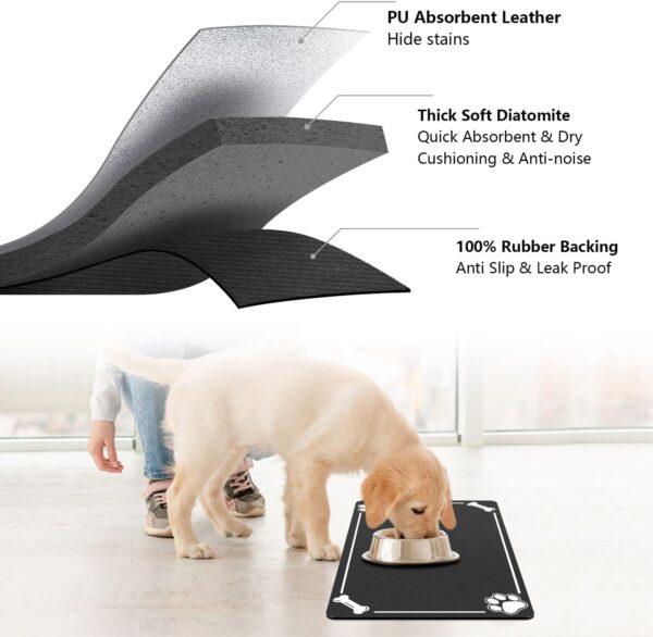 Large Pet Feeding Mat - 21"x13" Absorbent Dog Mat for Food and Water Bowl, No Stains Quick Dry Dog Water Dispenser Pad, Dog Accessories Pet Supplies, Dog & Cat Water Bowl for Messy Drinkers, Black - Image 4