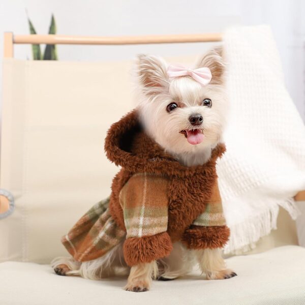 Dog Hoodie Dress Winter Dog Sweaters for Small Dogs Girl Cold Weather Warm Puppy Dresses Pink Plaid Pet Clothes Outfits for Chihuahua Yorkie Teacup Cat Skirt Coat Apparel Clothing (X-Small, Brown) - Image 5