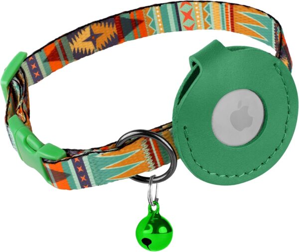 Airtag Cat Collar with Bell - Non Breakaway Soft Pet Collar with Leather Air Tag Holder - Adjustable GPS Anti-Lost Collars for Girl Boy Cats Kitten Puppies, Lightweight and Patterned (Mexican Green) - Image 2