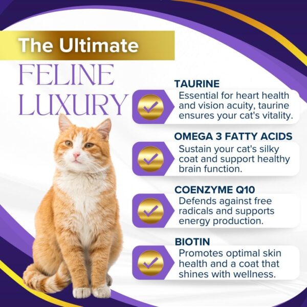 Vitality Gold: Feline Health Chews - Omega 3,Taurine,CoQ10, & Biotin Rich - Vet-Formulated for Cell,Heart,Brain, Vision Wellness - 90 (3g) Chews, Made in USA - Image 2