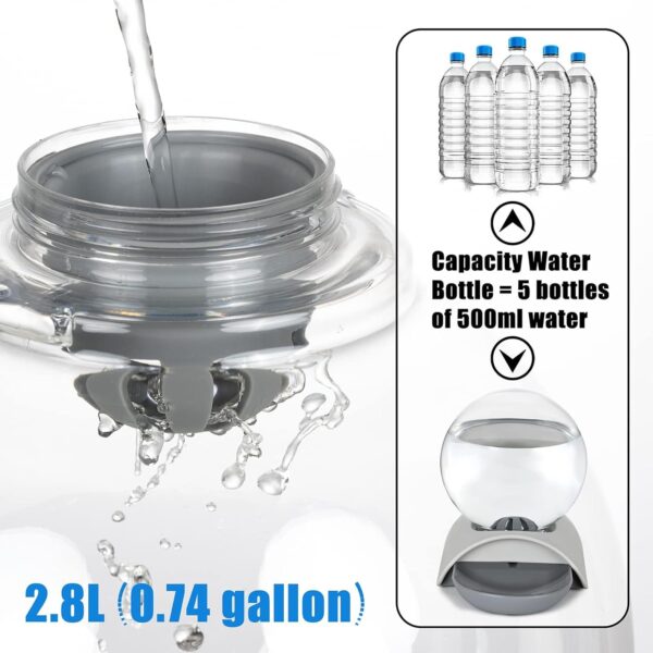 Pet Water Dispenser, 2.8L Automatic Gravity Cat Water Dispenser for Cats, Dogs & Rabbit, Detachable Cat Dog Water Dish Feeder with Spherical Waterer Bubble, Grey - Image 4